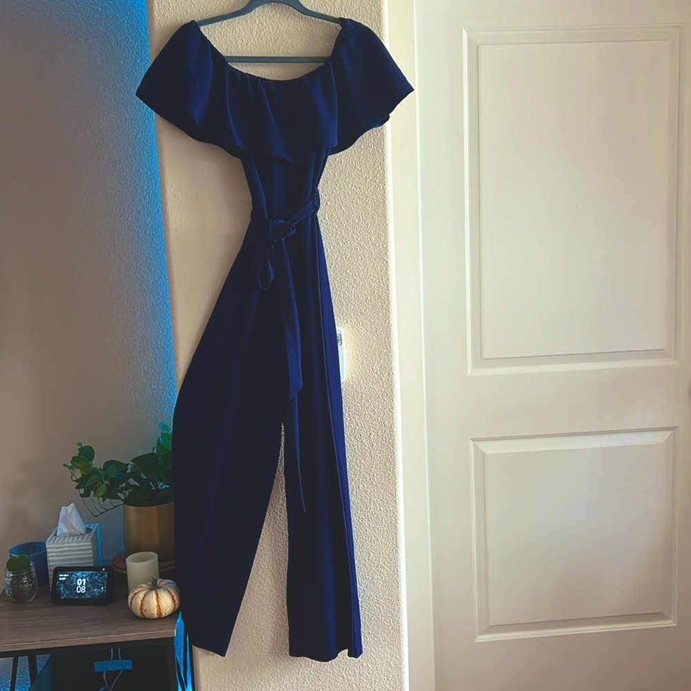 Off the shoulder royal blue romper.